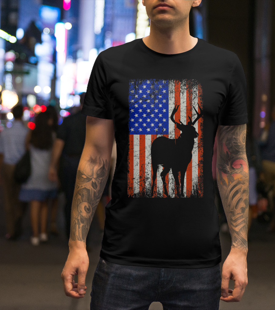 Patriotic Deer Hunter Archery Bow American Flag Hunting T-Shirt