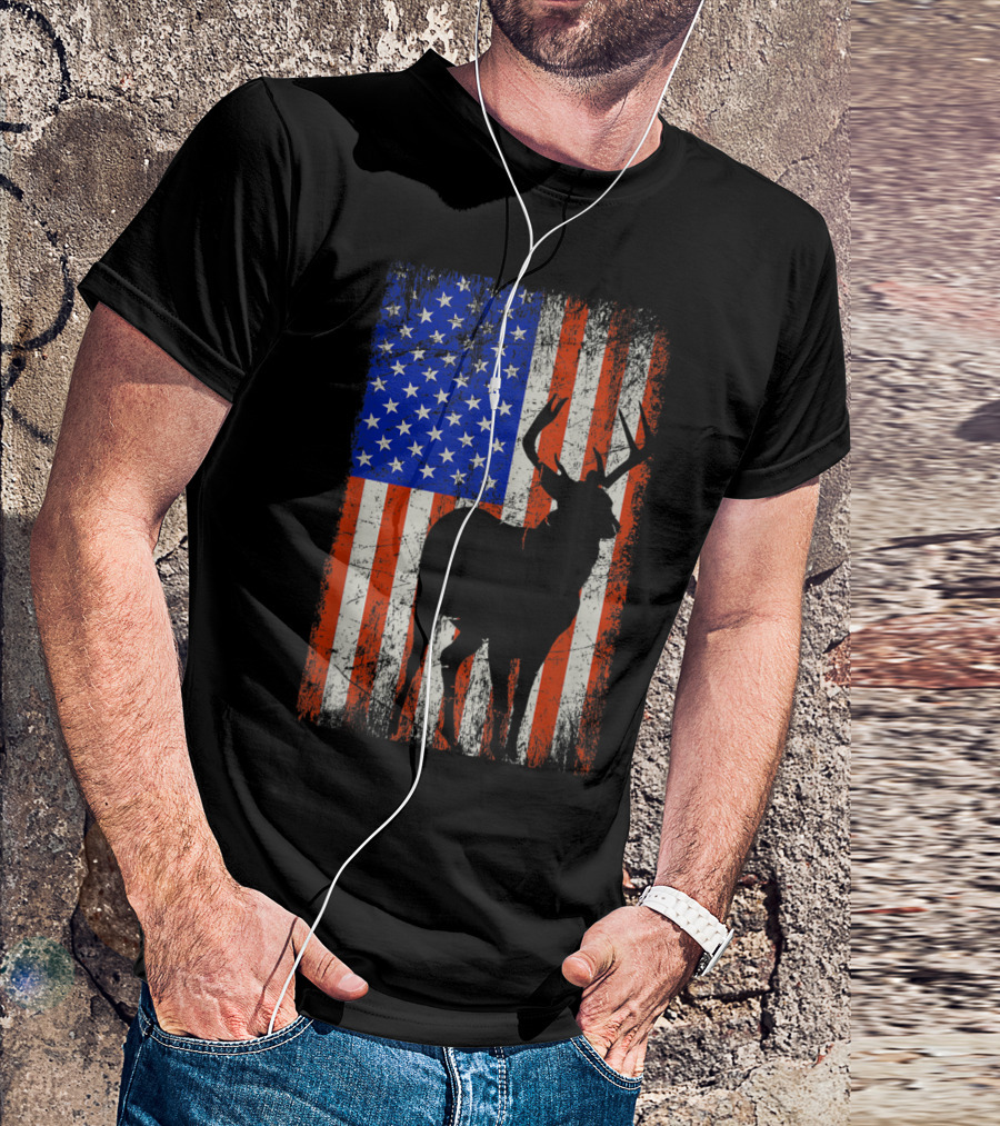 Patriotic Deer Hunter Archery Bow American Flag Hunting T-Shirt