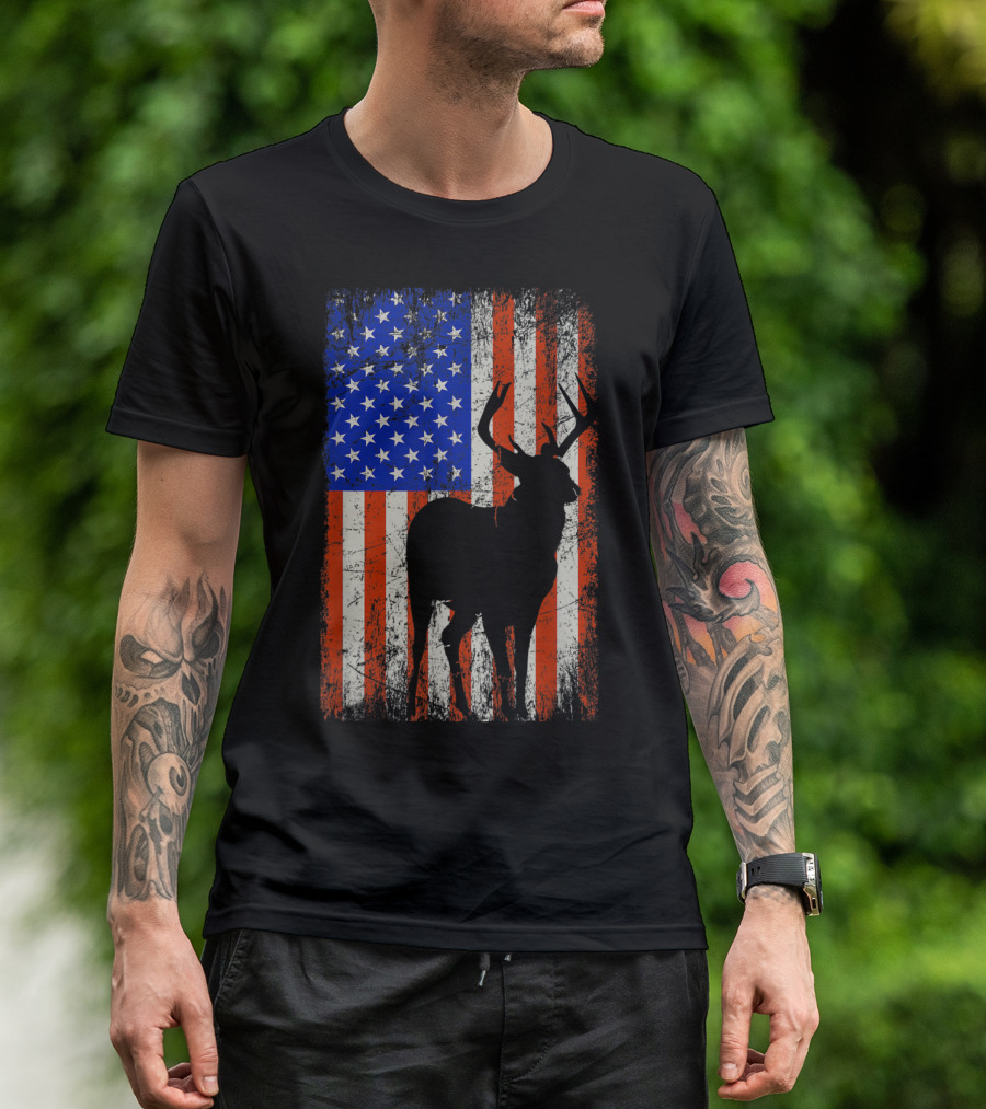 Patriotic Deer Hunter Archery Bow American Flag Hunting T-Shirt