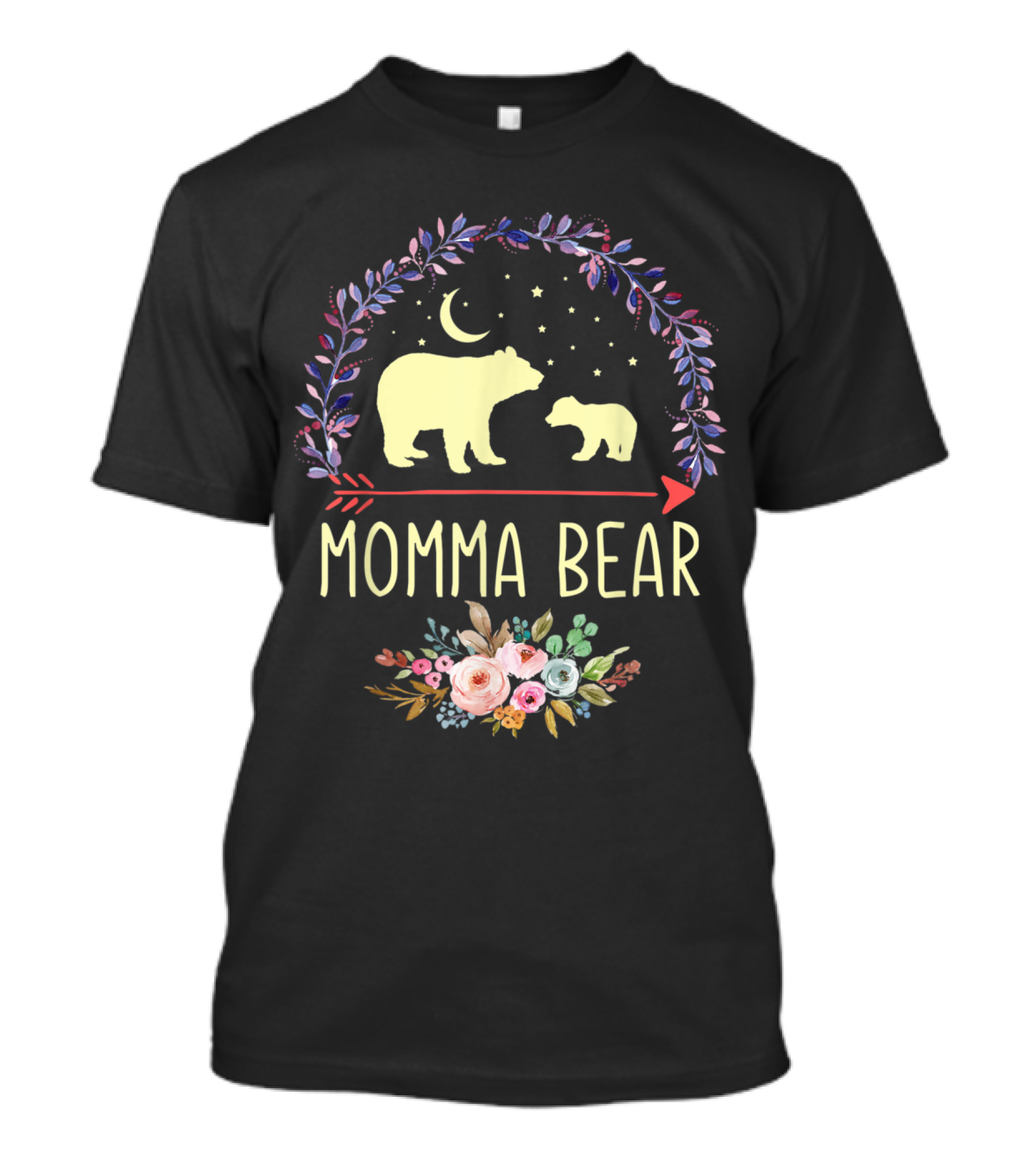 Momma Bear With Cub Under Stars And Moon Floral Decoration T-Shirt