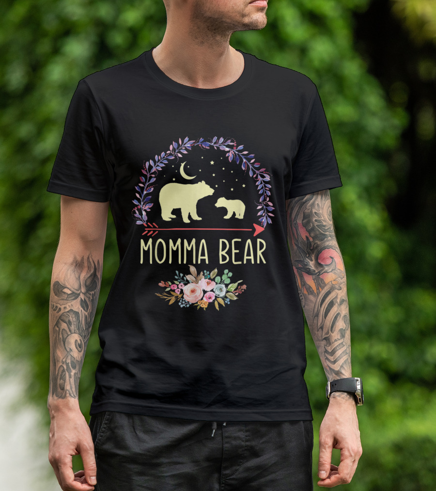 Momma Bear With Cub Under Stars And Moon Floral Decoration T-Shirt
