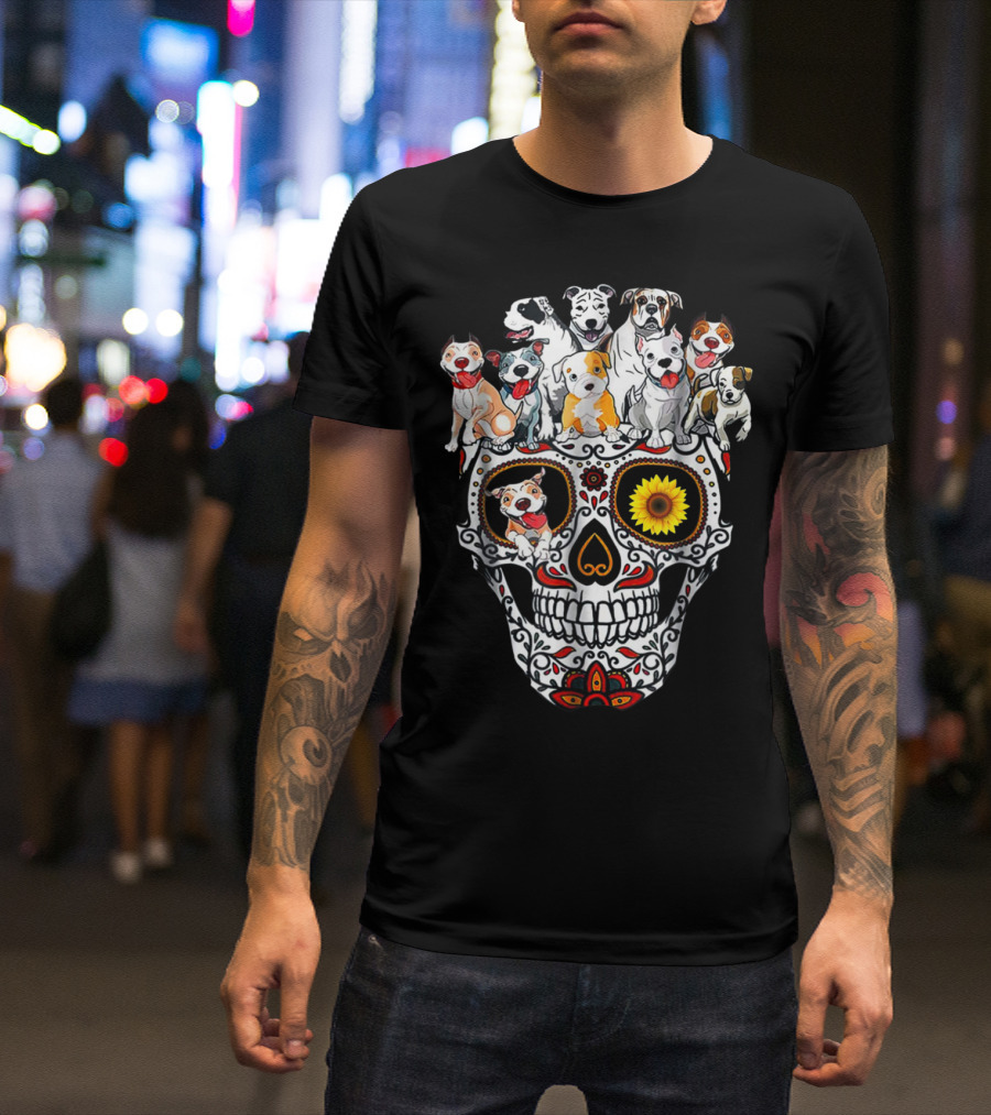 Sugar Skull Sunflower Gothic Pitbulls T-Shirt