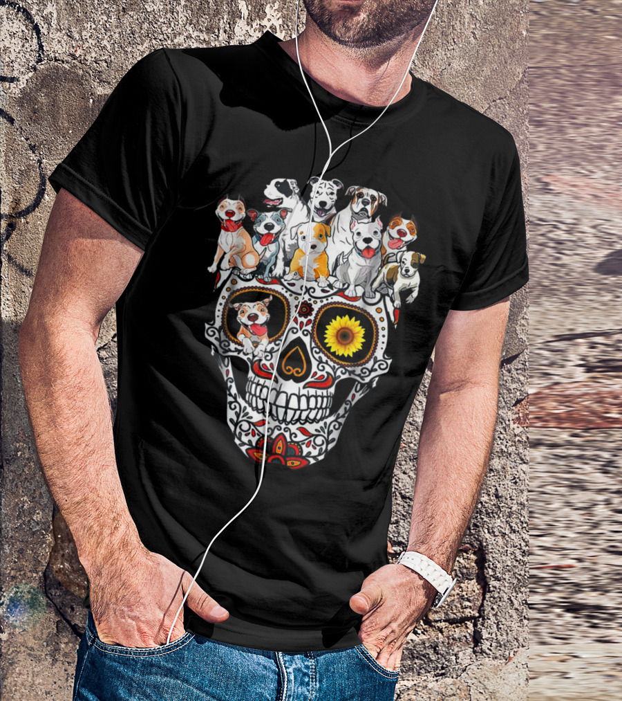 Sugar Skull Sunflower Gothic Pitbulls T-Shirt