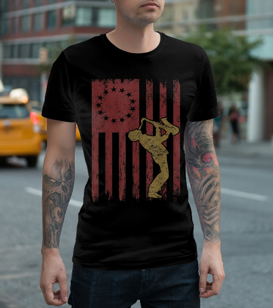 Vintage Betsy Ross Flag Musician Silhouette Proud American Trumpet Player T-Shirt