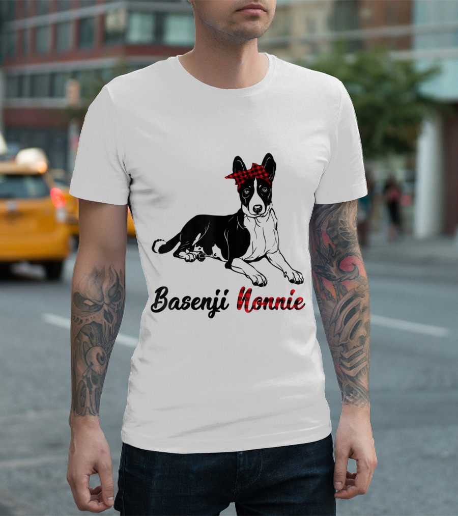 Basenji Nonnie Dog With Red Plaid Bandana T-Shirt