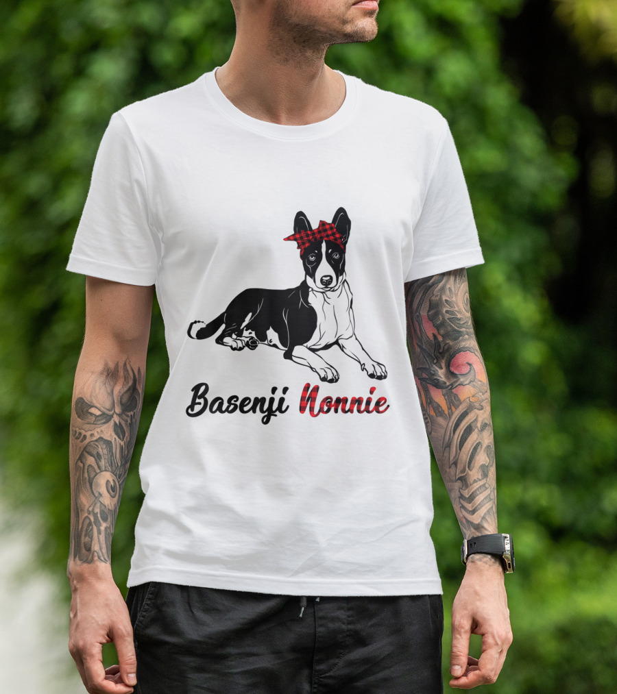 Basenji Nonnie Dog With Red Plaid Bandana T-Shirt