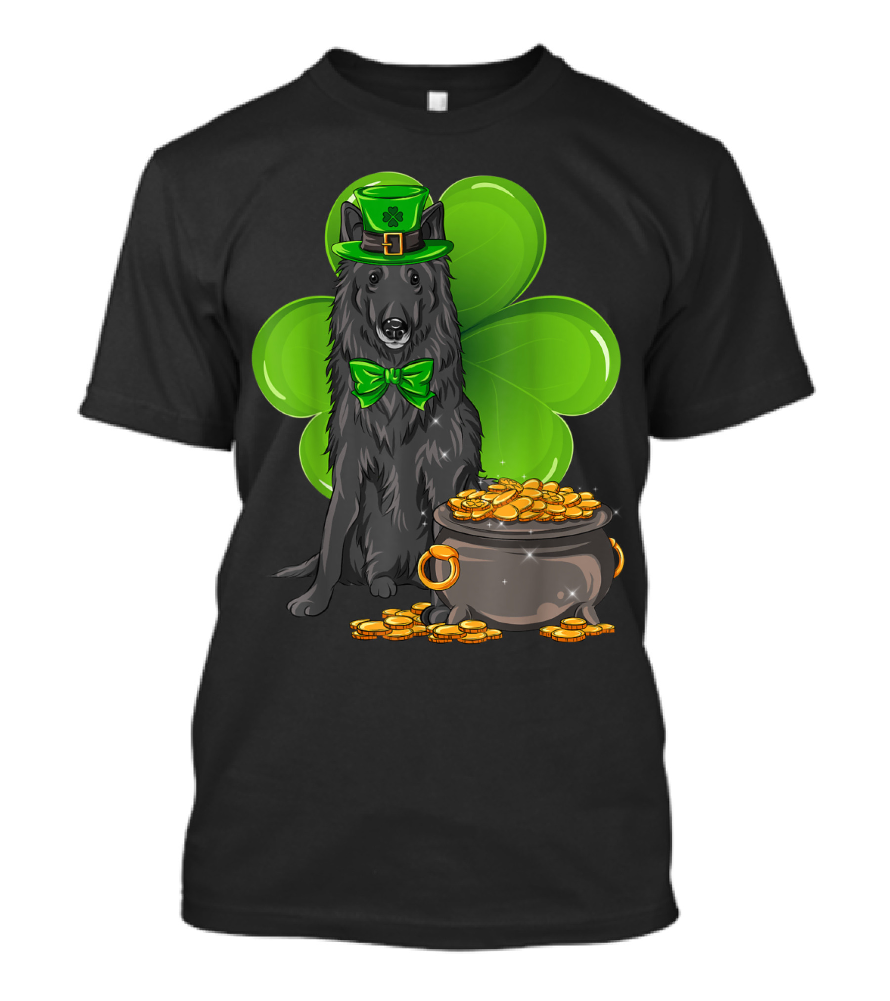 Belgian Sheepdog With Leprechaun Hat And Shamrock On St Patrick's Day T-Shirt