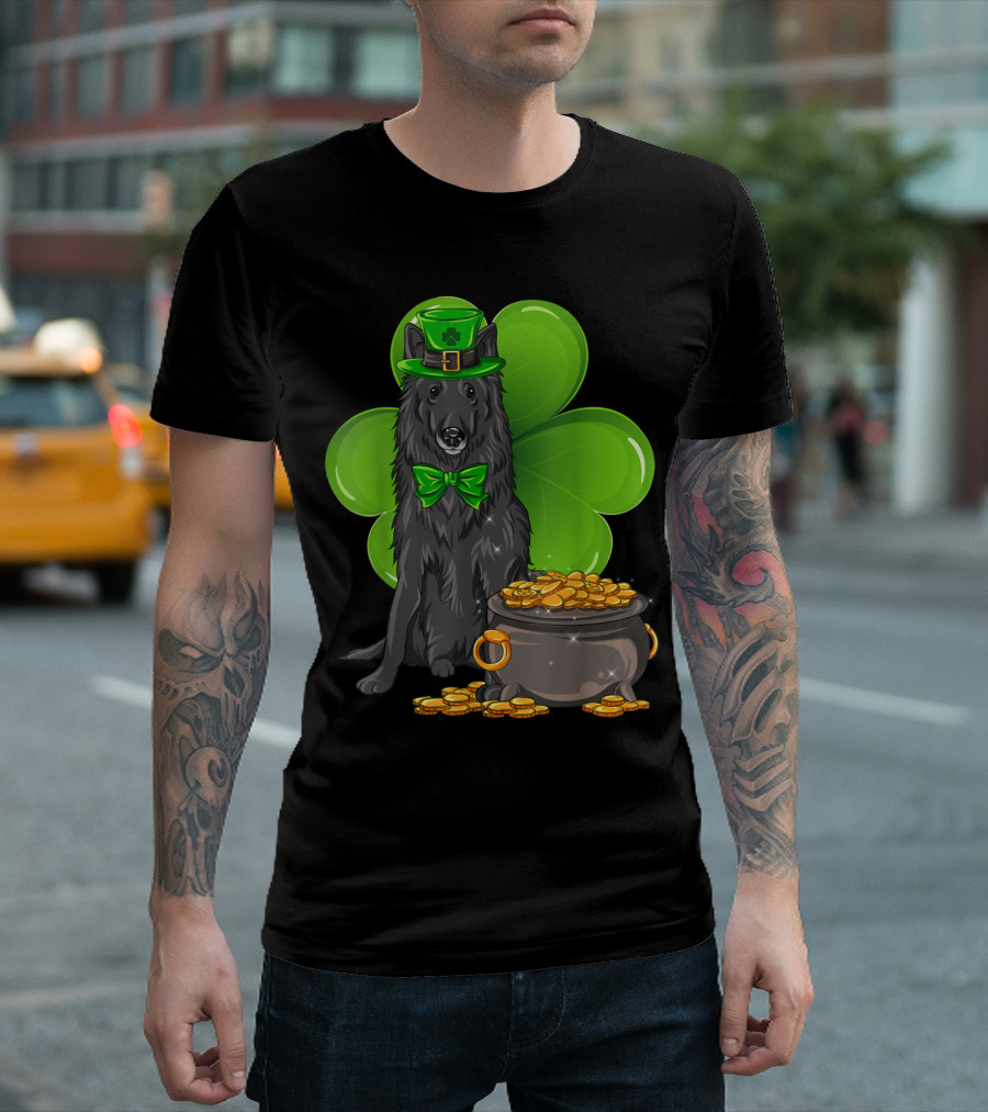 Belgian Sheepdog With Leprechaun Hat And Shamrock On St Patrick's Day T-Shirt