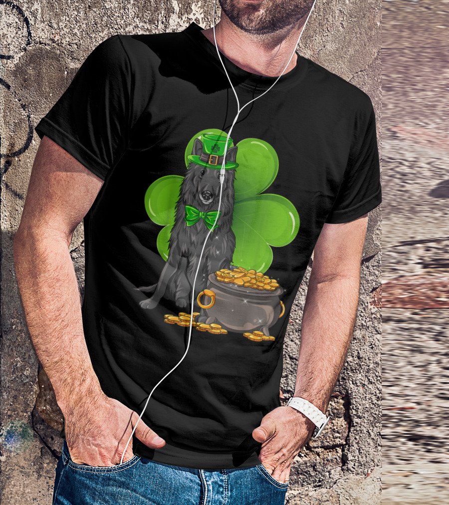 Belgian Sheepdog With Leprechaun Hat And Shamrock On St Patrick's Day T-Shirt