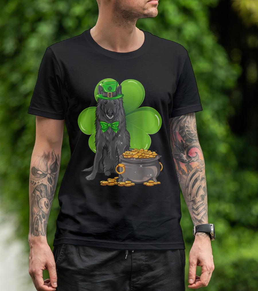 Belgian Sheepdog With Leprechaun Hat And Shamrock On St Patrick's Day T-Shirt