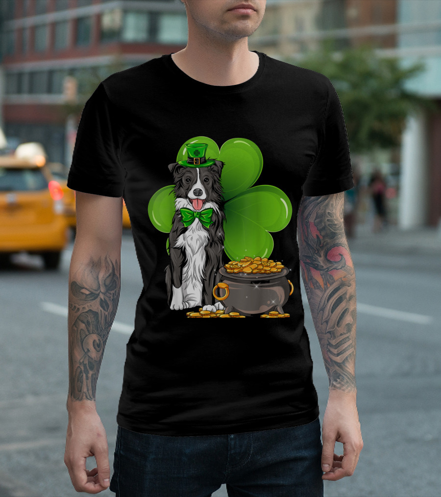 Border Collie St Patricks Day Leprechaun Clover Pot of Gold T-Shirt