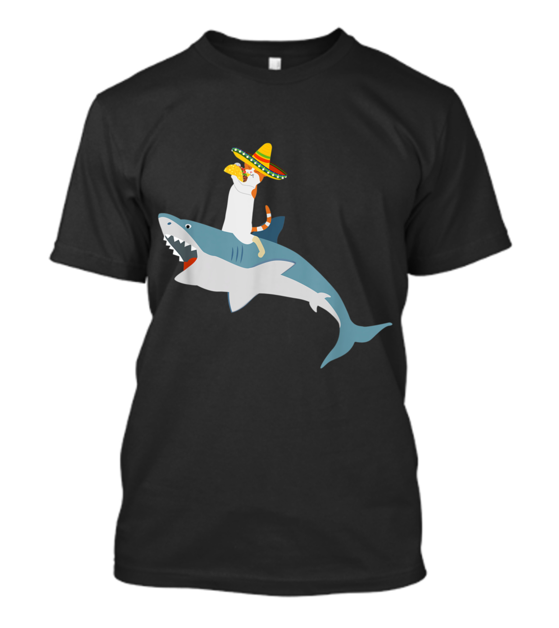 Cat With Sombrero Eating Taco Riding Shark For Cinco De Mayo T-Shirt