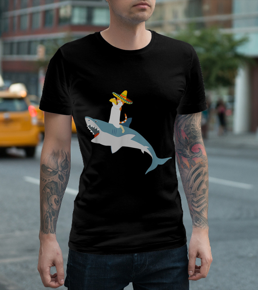 Cat With Sombrero Eating Taco Riding Shark For Cinco De Mayo T-Shirt