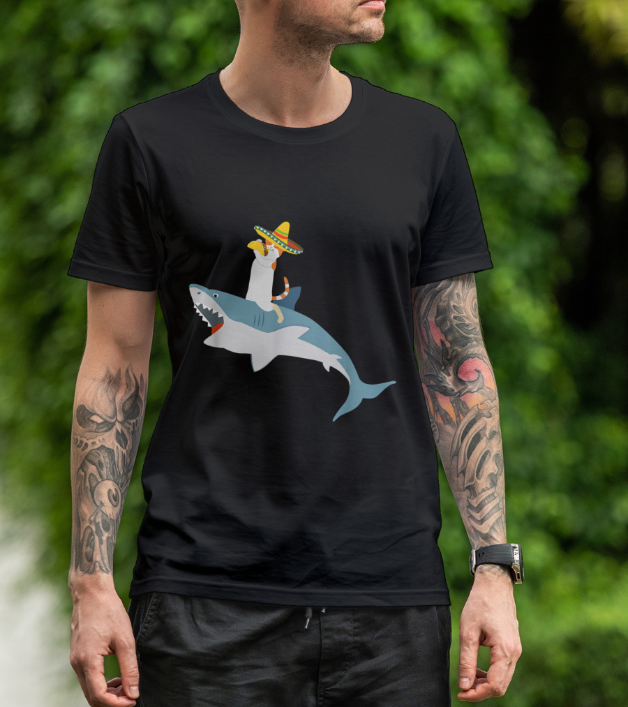 Cat With Sombrero Eating Taco Riding Shark For Cinco De Mayo T-Shirt