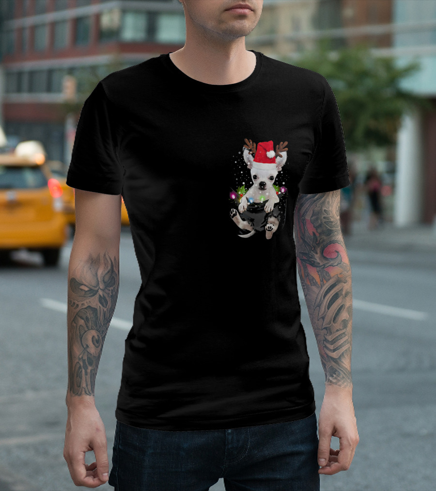 Chihuahua with Santa Hat and Antlers in Your Pocket Christmas Lights T-Shirt
