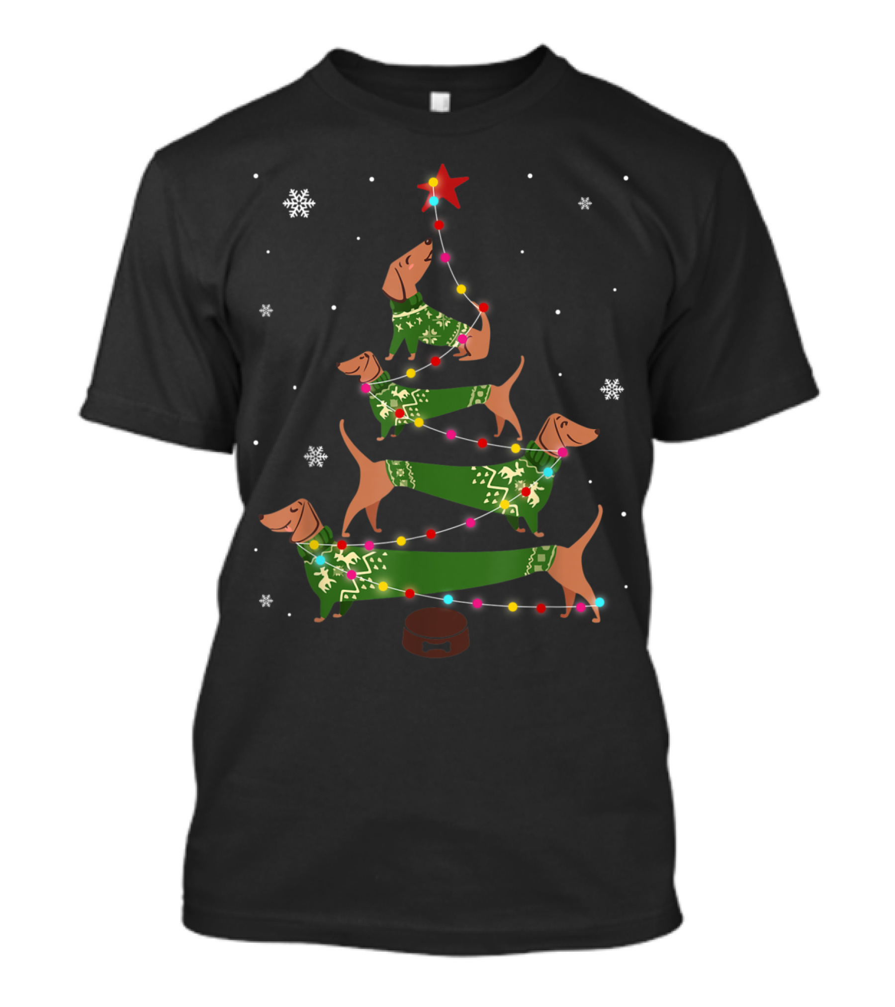 Dachshund Christmas Tree Sweater Lights Star Snowflakes T-Shirt