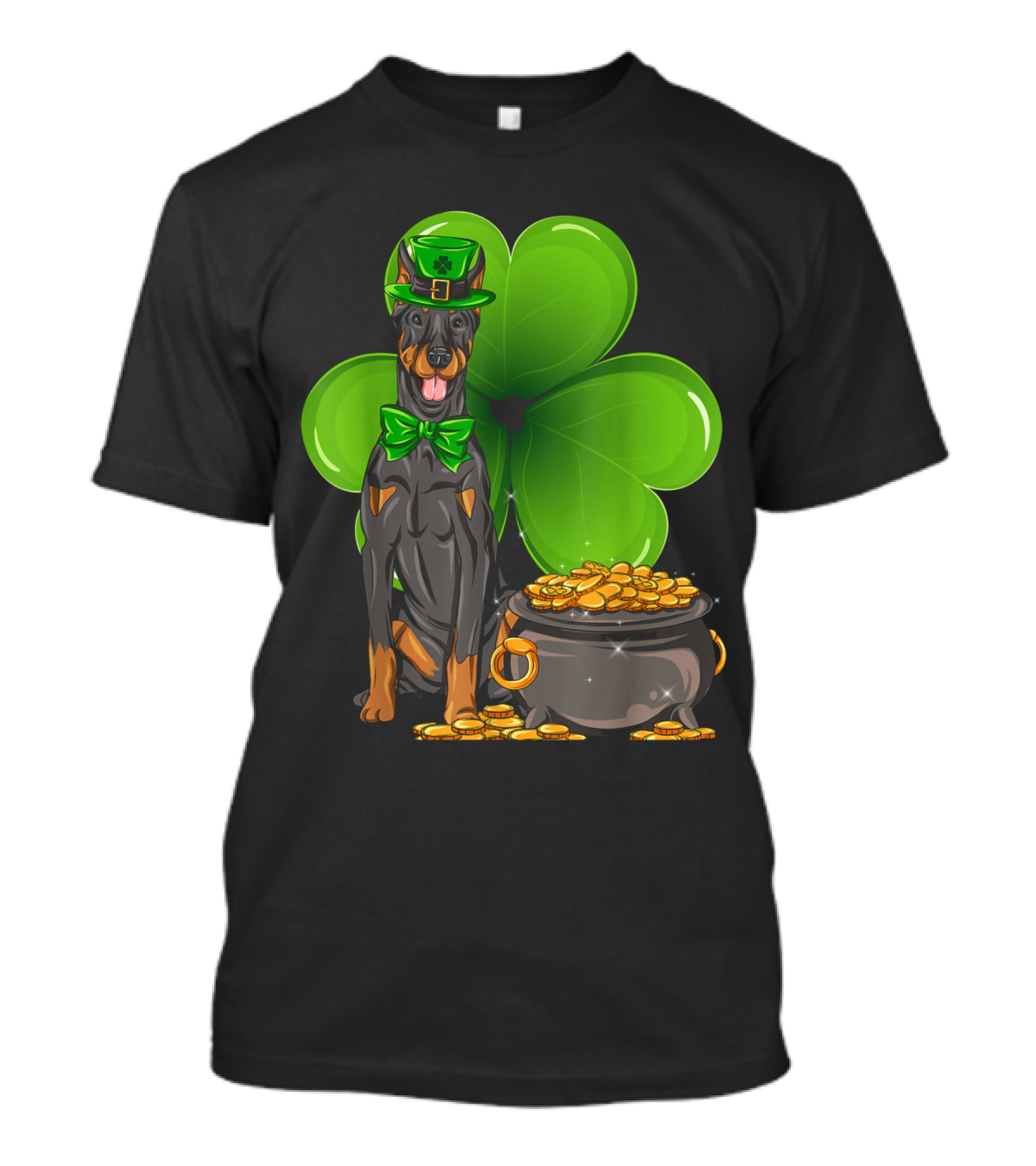 Doberman Pinscher St Patricks Day Leprechaun With Pot Of Gold And Clover T-Shirt