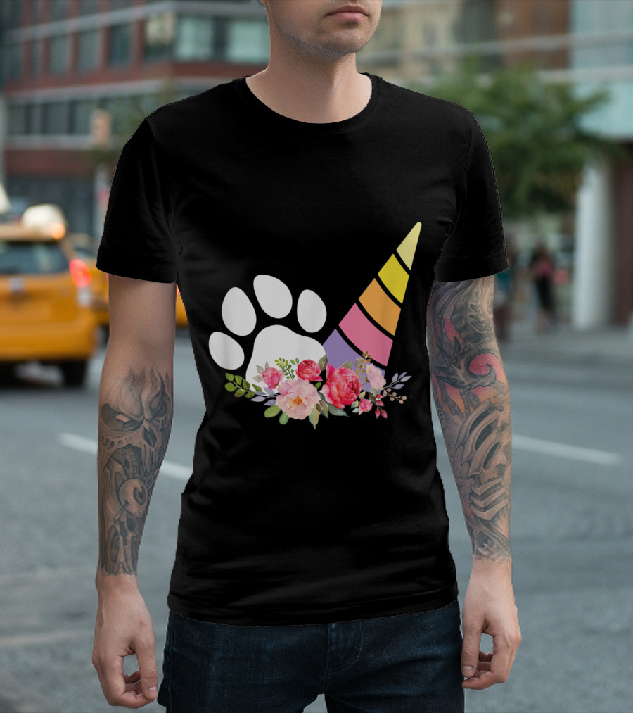 Unicorn Horn and Paw Print with Colorful Floral Accents for Dog Dad T-Shirt