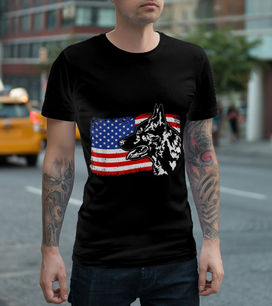 Proud Dutch Shepherd With American Flag Patriotic Dog T-Shirt