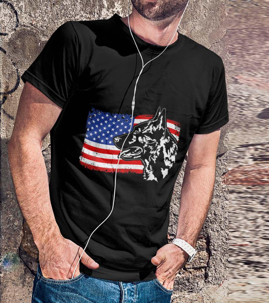 Proud Dutch Shepherd With American Flag Patriotic Dog T-Shirt