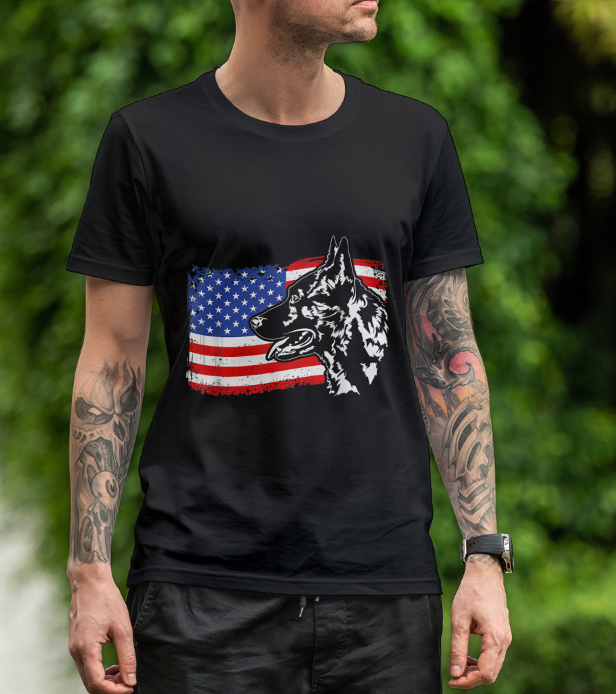 Proud Dutch Shepherd With American Flag Patriotic Dog T-Shirt