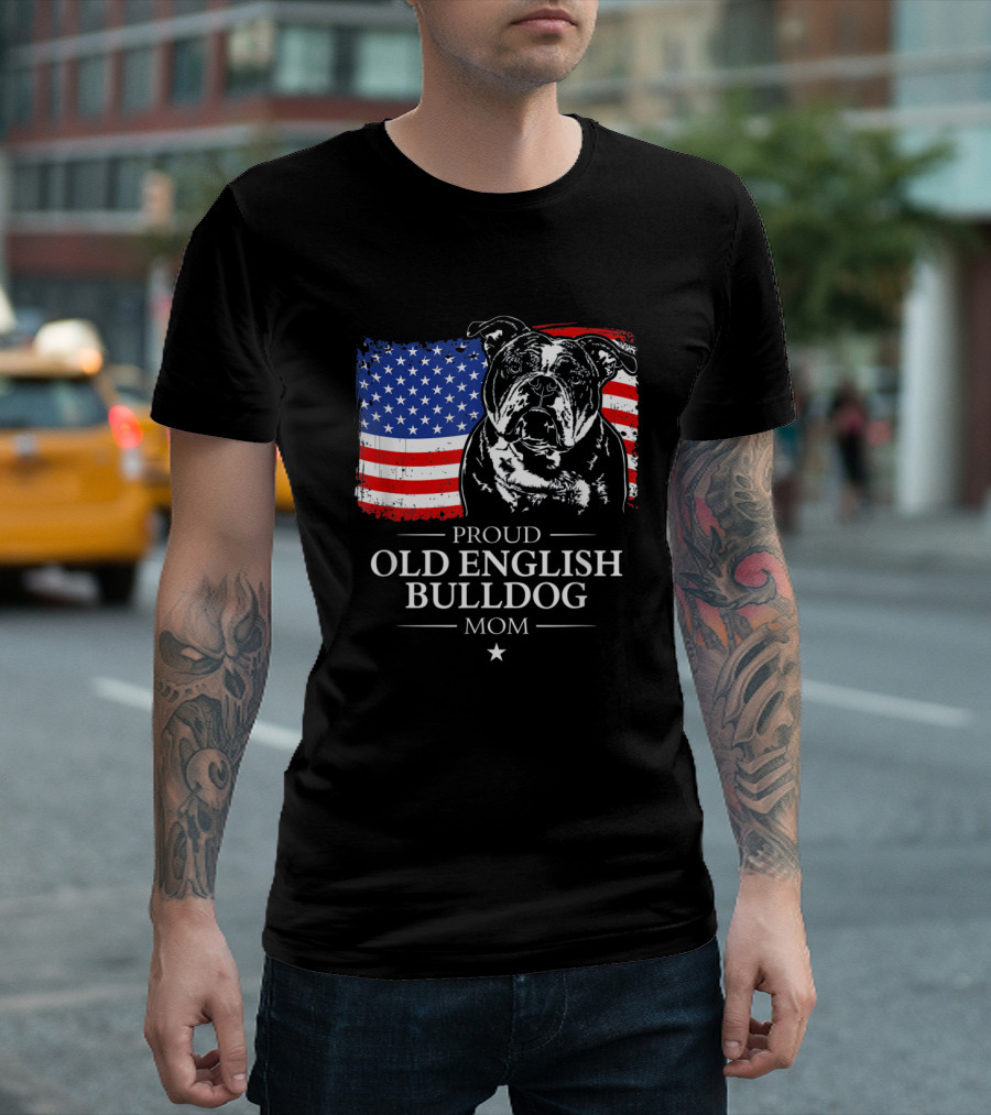 Proud Old English Bulldog Mom American Flag T-Shirt