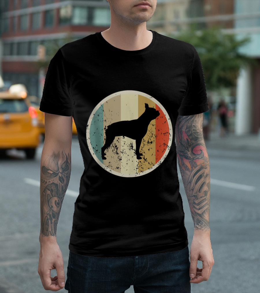 Retro Vintage Grunge Boston Terrier Dog Silhouette on Colorful Stripes T-Shirt