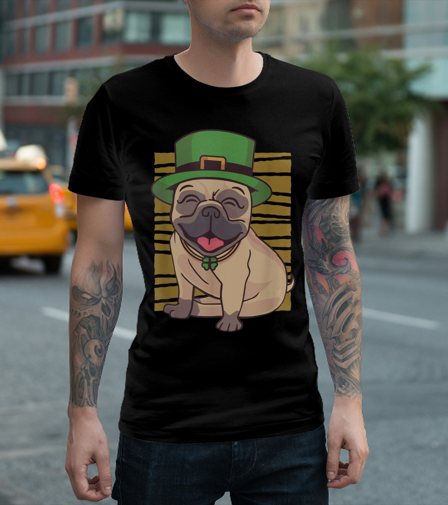 St. Patrick's Day Pug Wearing Green Hat with Shamrock for Dog Mom Dad and Lover T-Shirt
