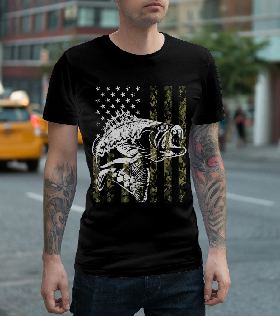 USA Flag Bass Fishing Camouflage T-Shirt