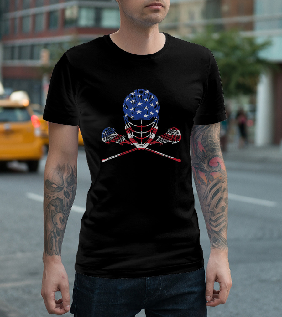 American Flag Lacrosse Helmet And Crossed Sticks T-Shirt