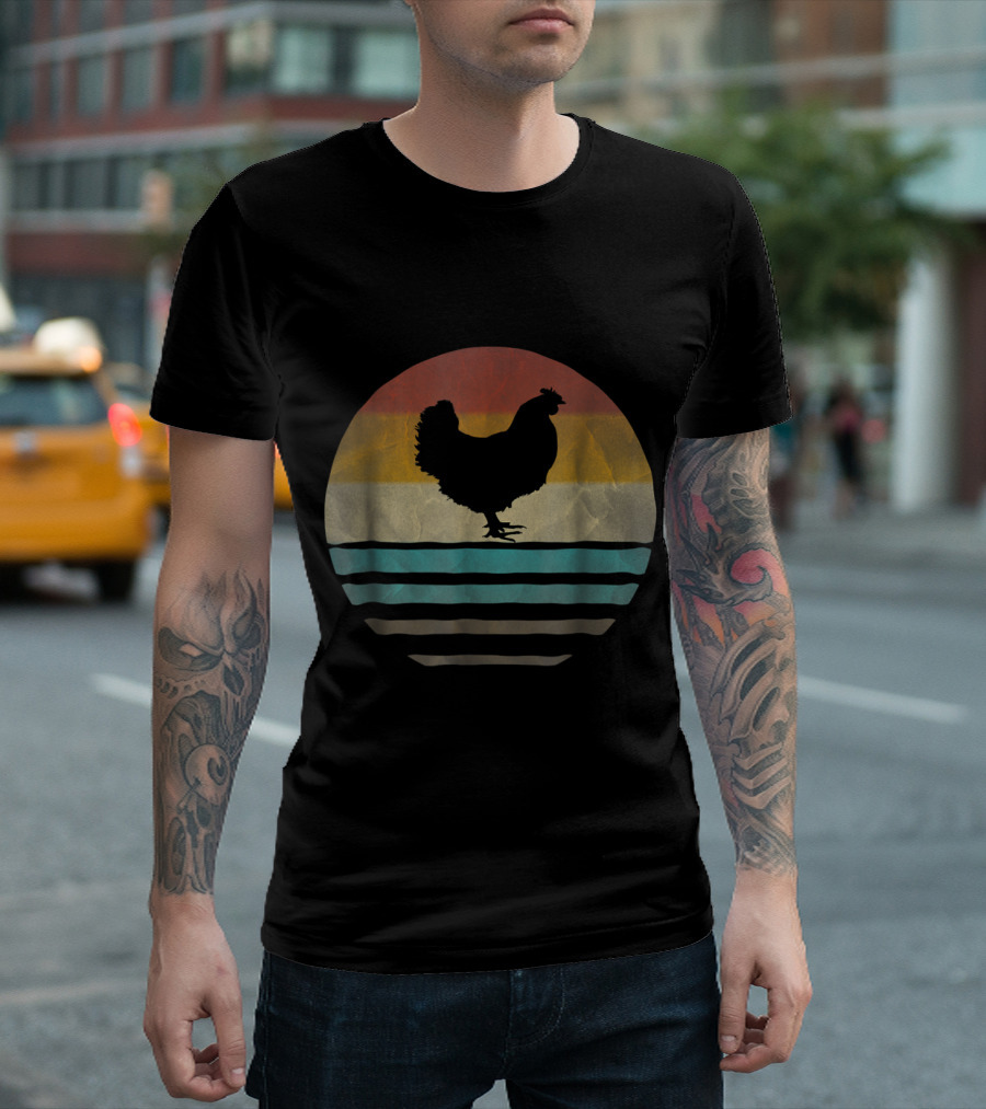 Retro Vintage Chicken Silhouette Funny Farm Poultry Farmer Stripes T-Shirt