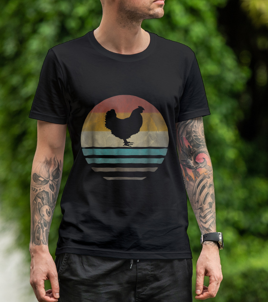 Retro Vintage Chicken Silhouette Funny Farm Poultry Farmer Stripes T-Shirt