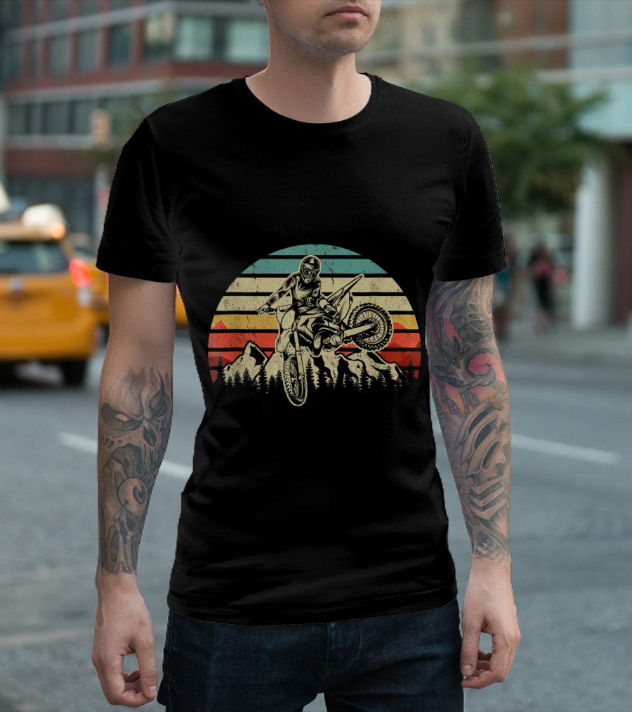 Retro Vintage Motocross Dirt Bike Rider in Front of Mountains and Sunset T-Shirt