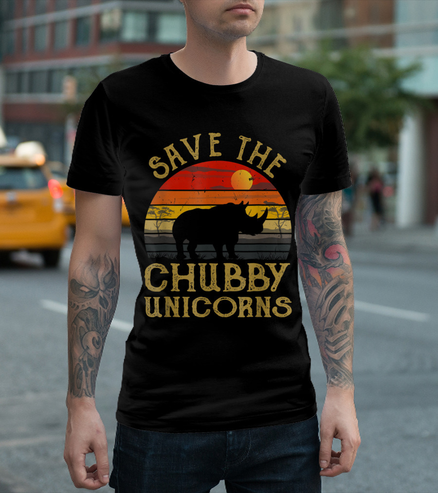 Save The Chubby Unicorns Vintage Colors Rhino Sunset T-Shirt