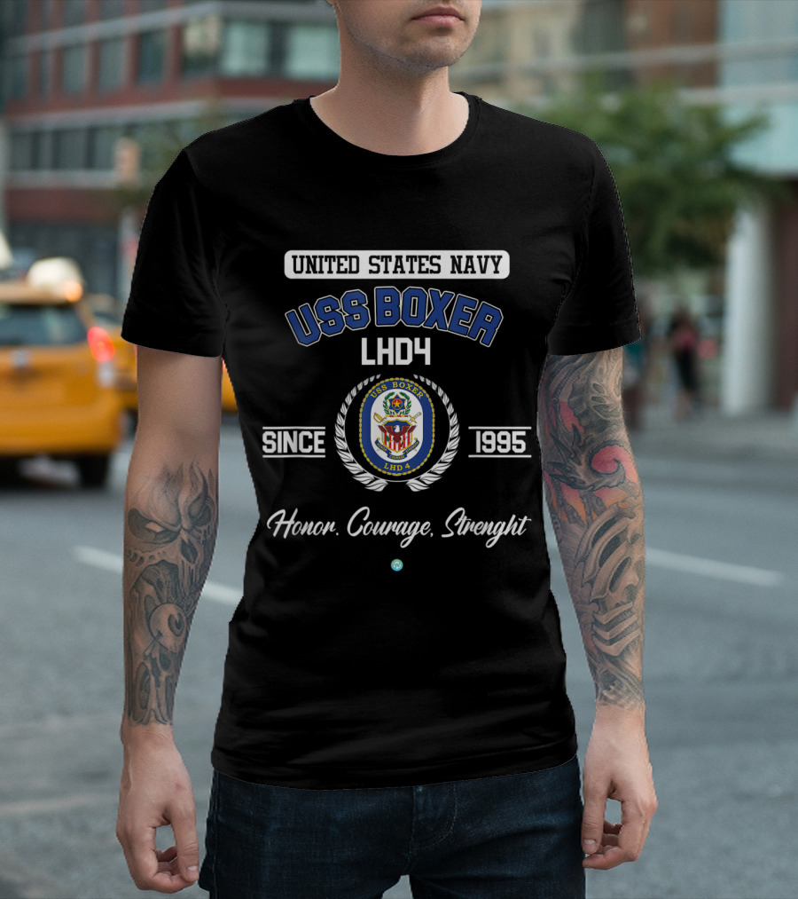 United States Navy USS Boxer LHD 4 Since 1995 Honor Courage Strength Veteran T-Shirt