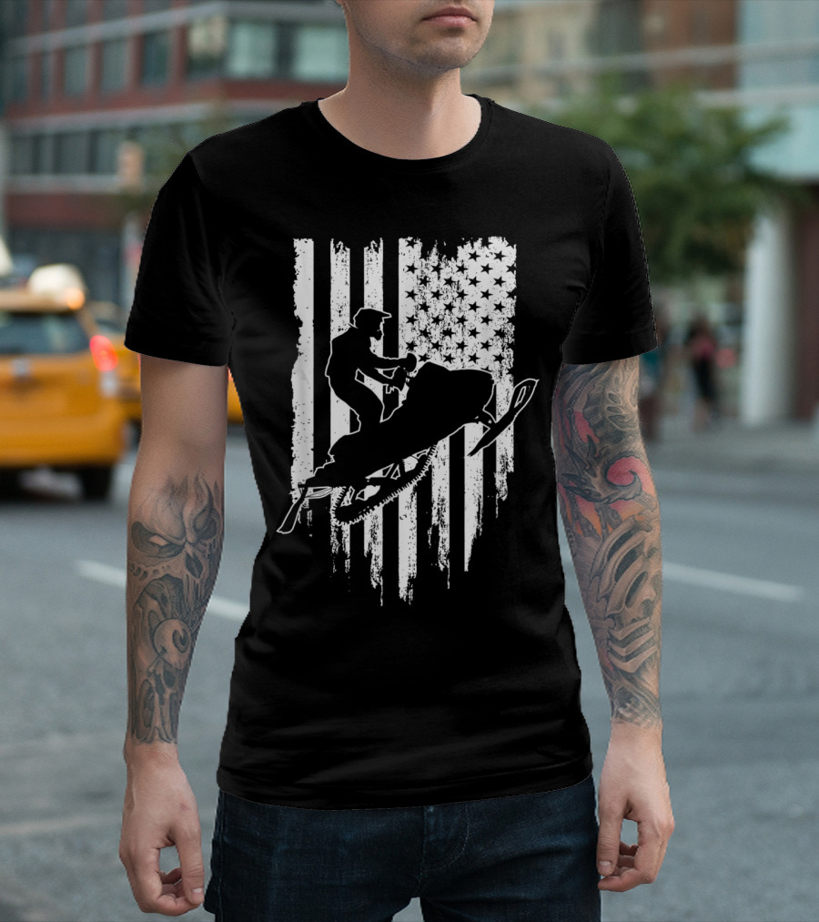 Vintage American Flag Snowmobiling Adventure T-Shirt