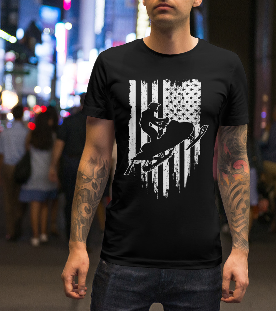 Vintage American Flag Snowmobiling Adventure T-Shirt