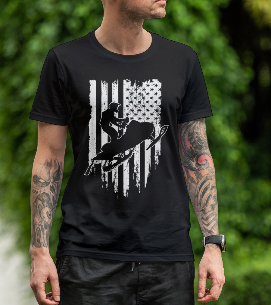 Vintage American Flag Snowmobiling Adventure T-Shirt