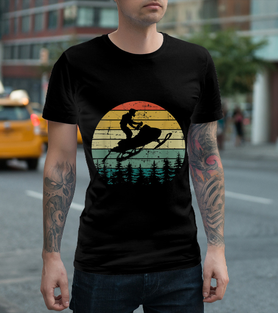 Vintage American Snowmobile Adventure Retro Sunset Sledding Forest T-Shirt