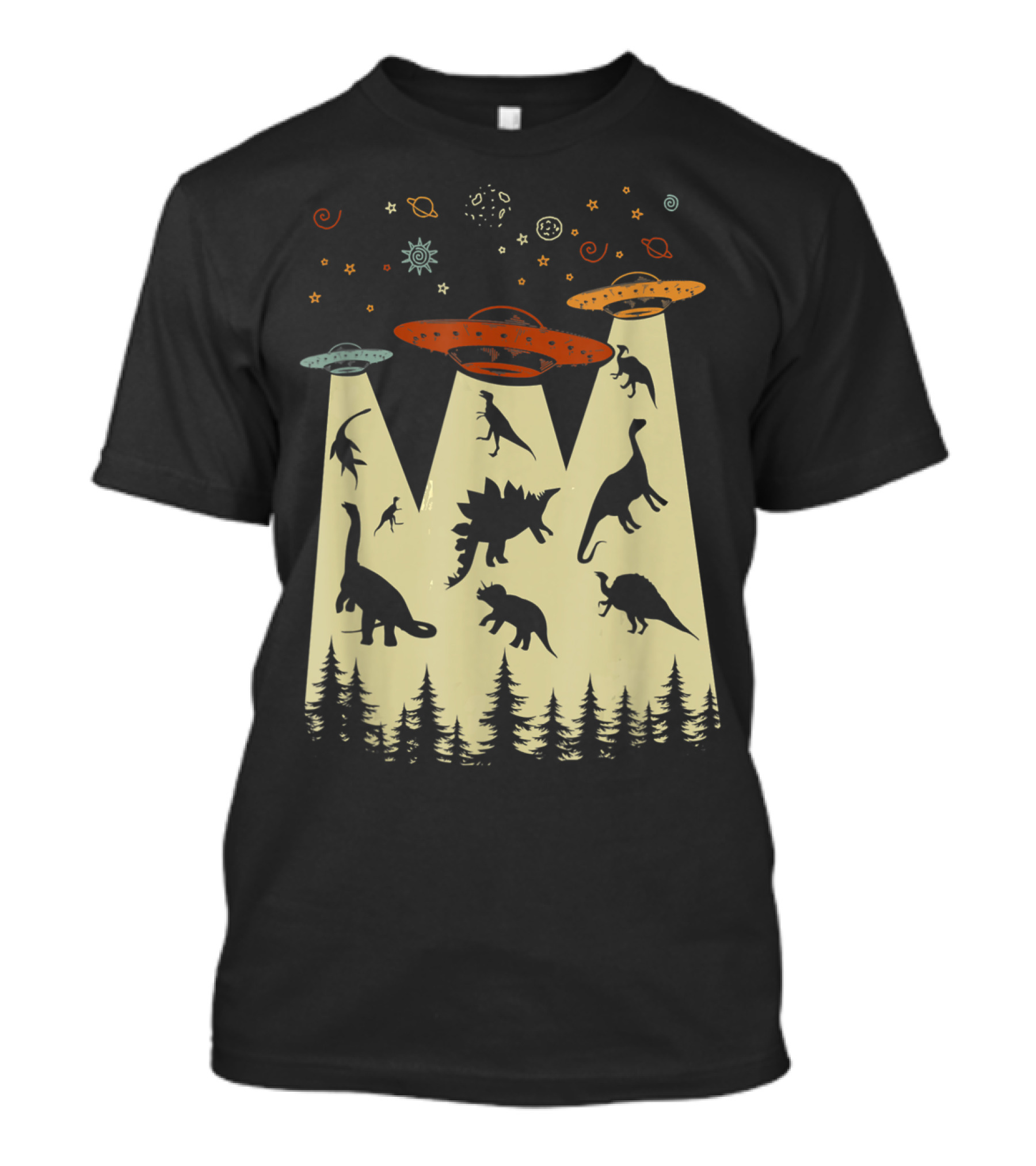 Vintage Dinosaur Alien Abduction UFO Silhouette Funny Imaginative Scene T-Shirt