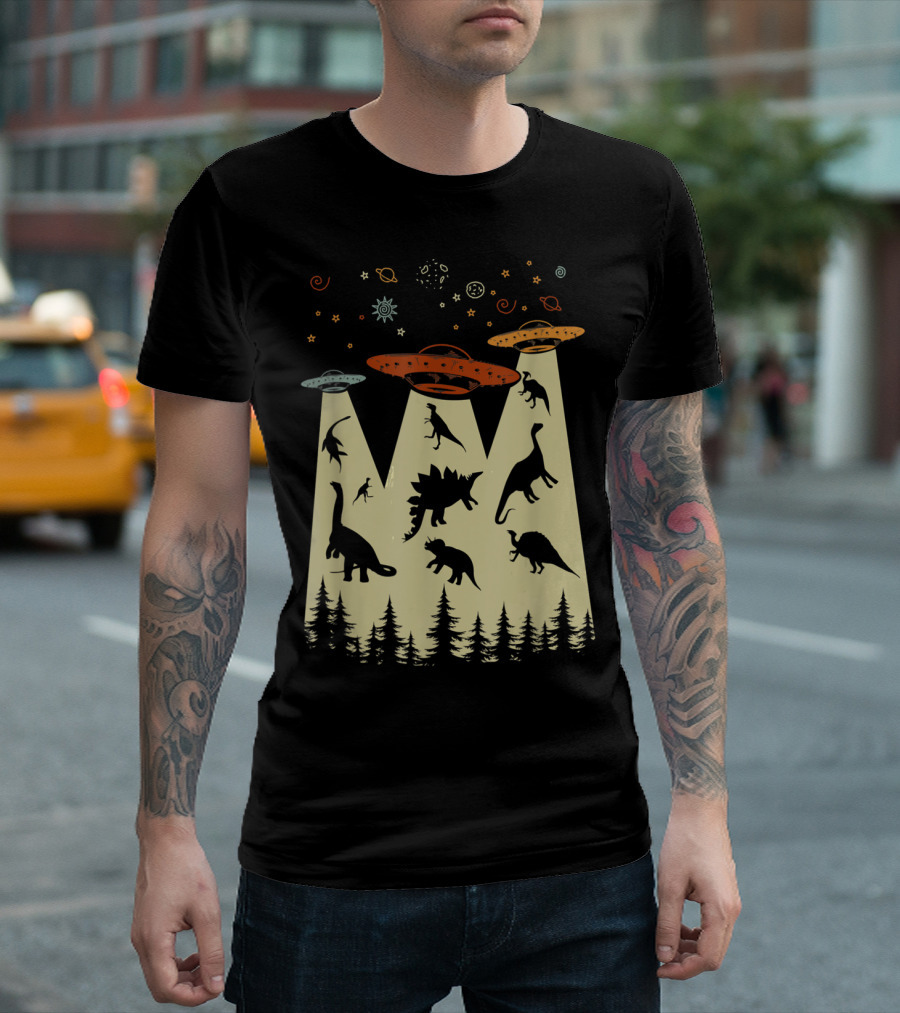 Vintage Dinosaur Alien Abduction UFO Silhouette Funny Imaginative Scene T-Shirt