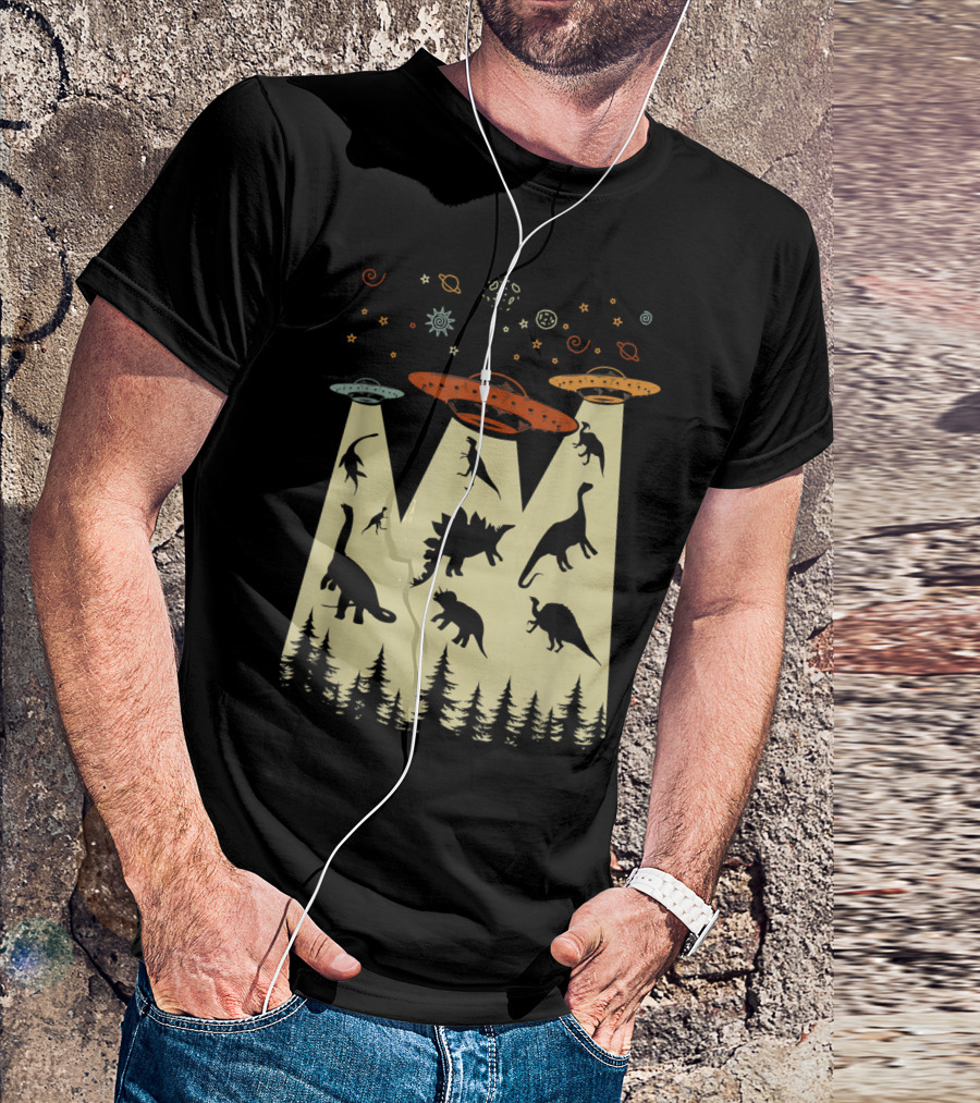 Vintage Dinosaur Alien Abduction UFO Silhouette Funny Imaginative Scene T-Shirt
