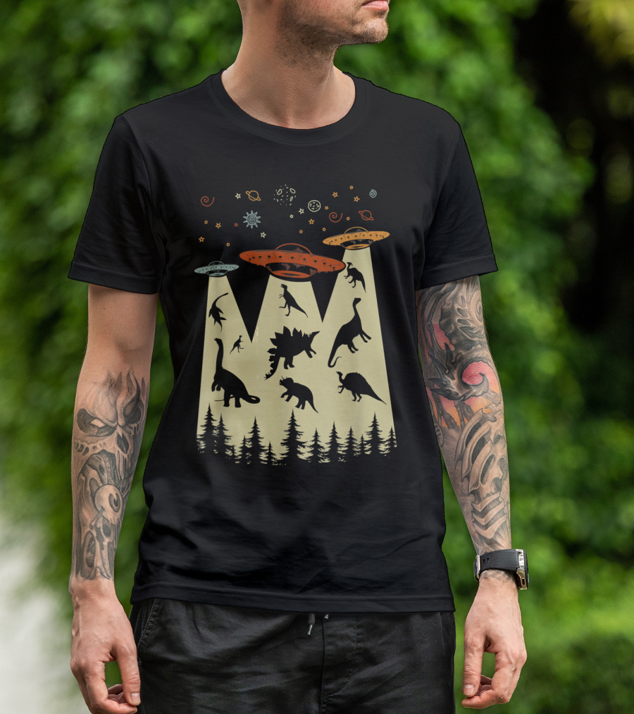 Vintage Dinosaur Alien Abduction UFO Silhouette Funny Imaginative Scene T-Shirt