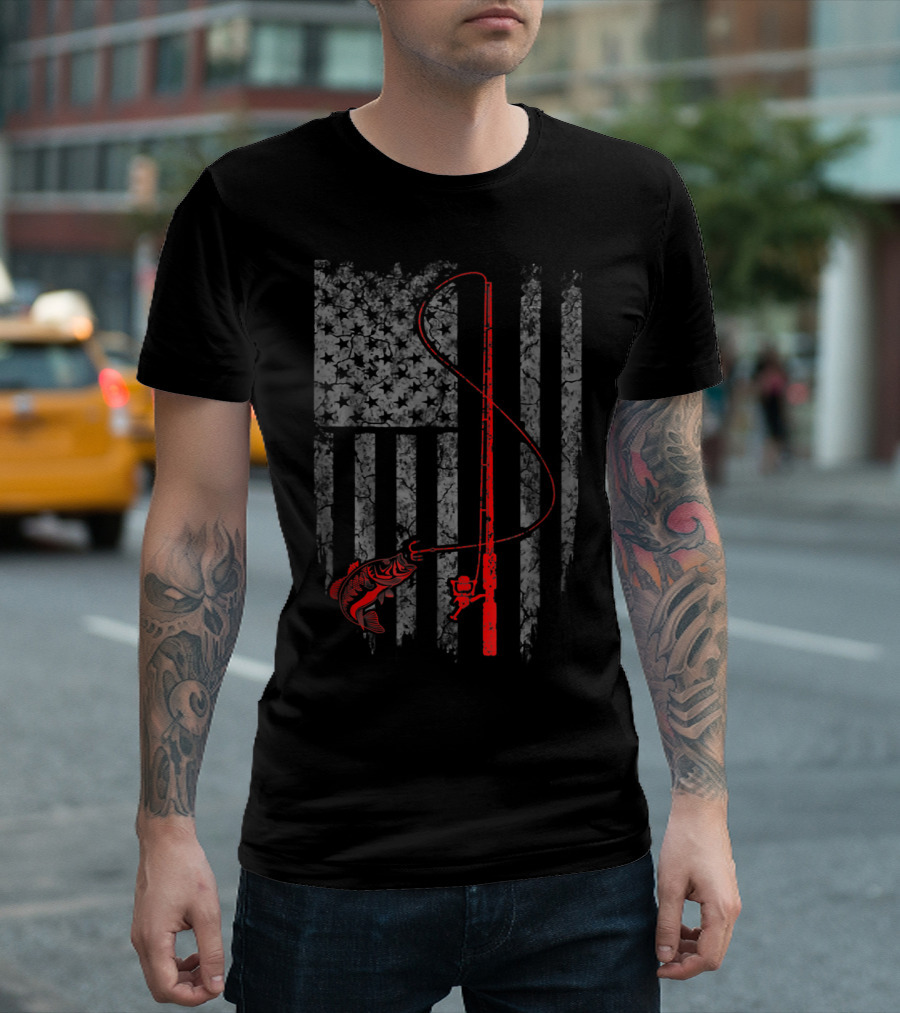 Vintage American Flag Bass Fishing with Rod and Stars T-Shirt