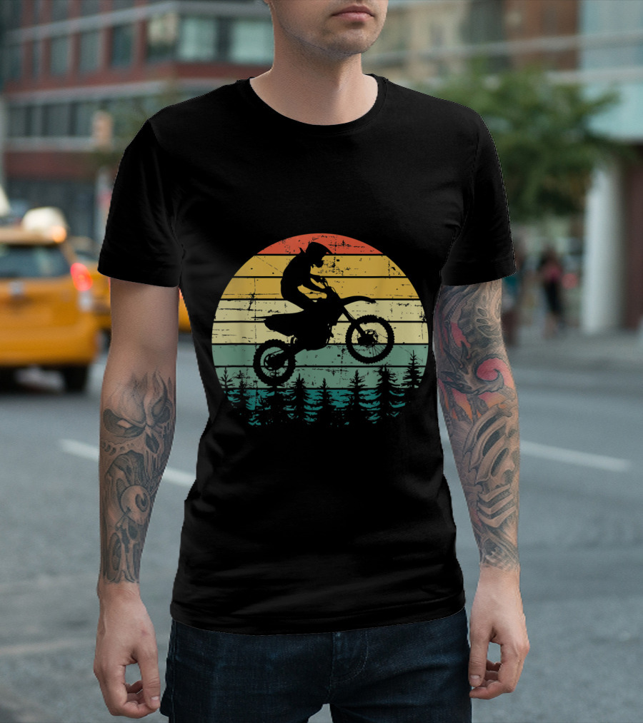 Vintage Motocross Silhouette Over Sunset Forest Stripes T-Shirt