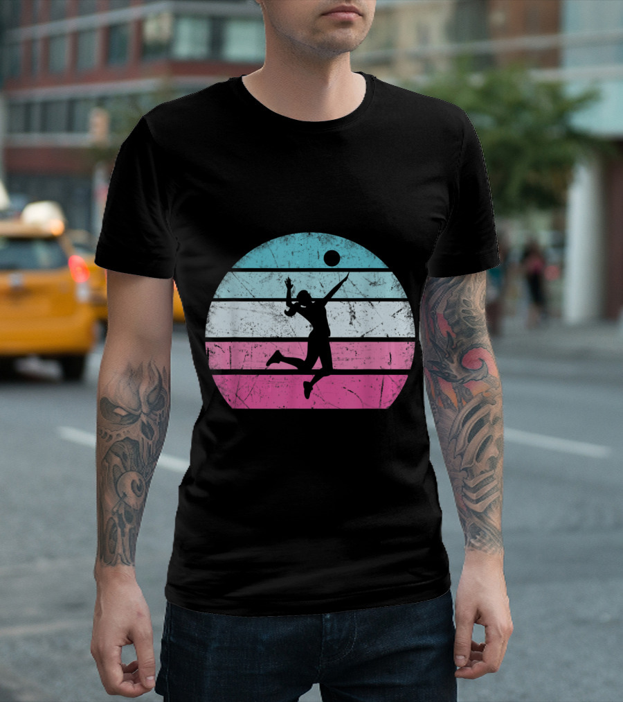 Volleyball Girl Retro Silhouette Vintage Stripes T-Shirt