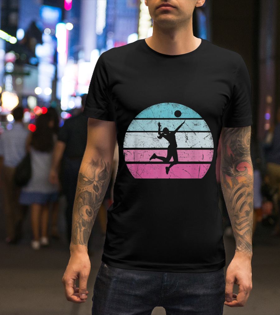 Volleyball Girl Retro Silhouette Vintage Stripes T-Shirt