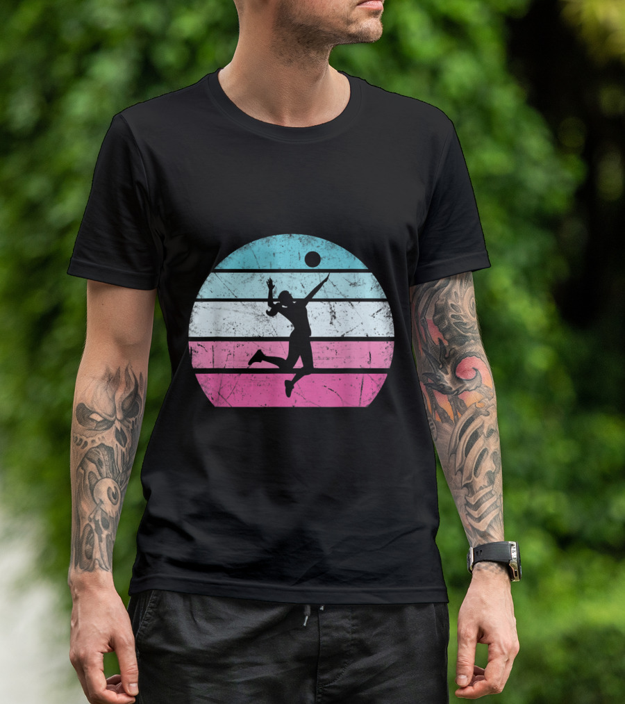 Volleyball Girl Retro Silhouette Vintage Stripes T-Shirt
