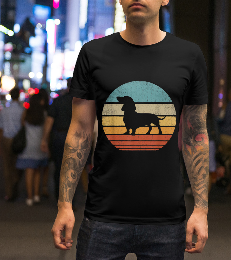Dachshund Vintage Sunset 60s 70s Silhouette Retro Stripes T-Shirt