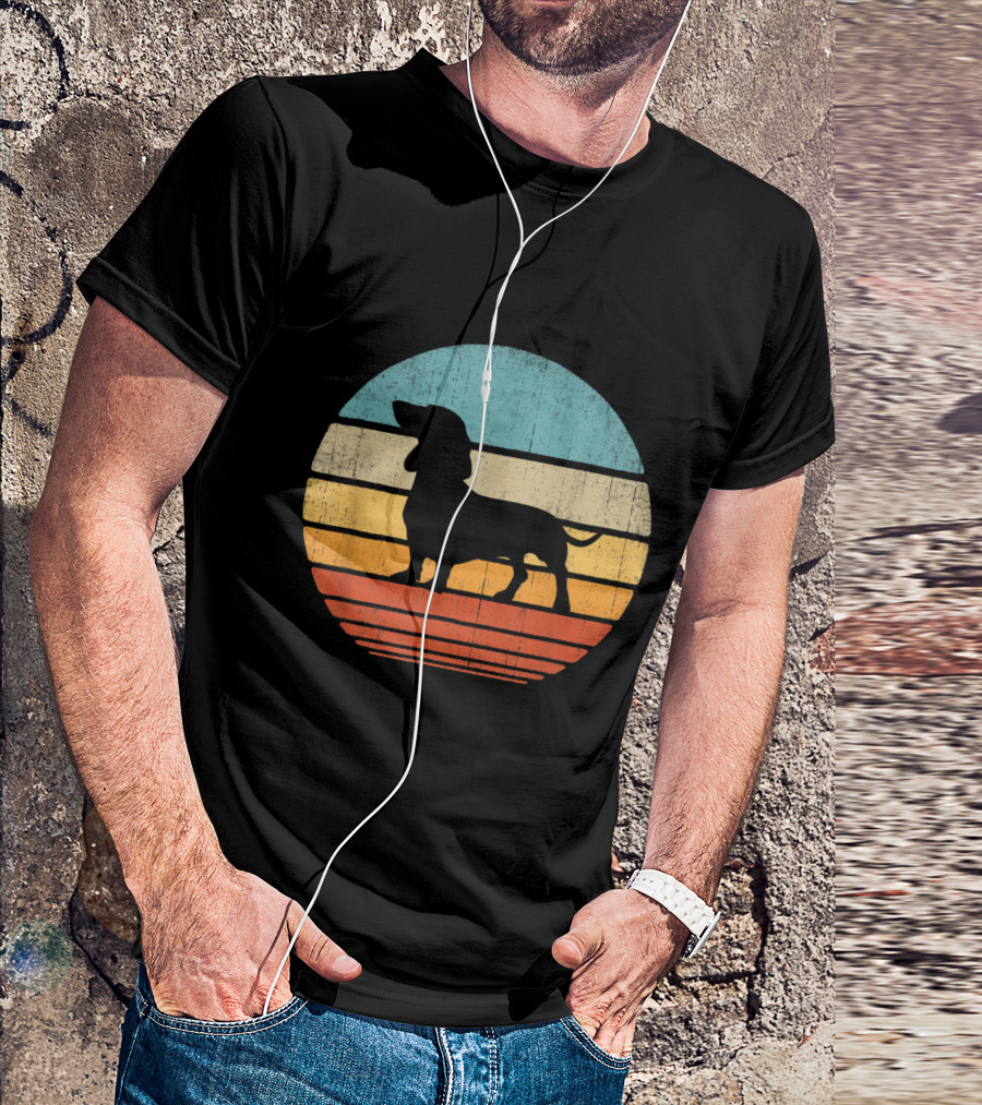 Dachshund Vintage Sunset 60s 70s Silhouette Retro Stripes T-Shirt